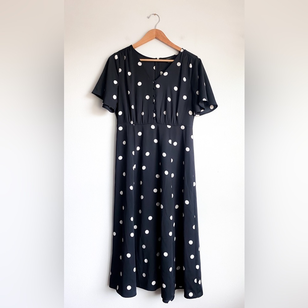Ann Taylor Black Polka Dot Midi Dress Modest Church Silky Tradwife Traditional 6 - Picture 3 of 7